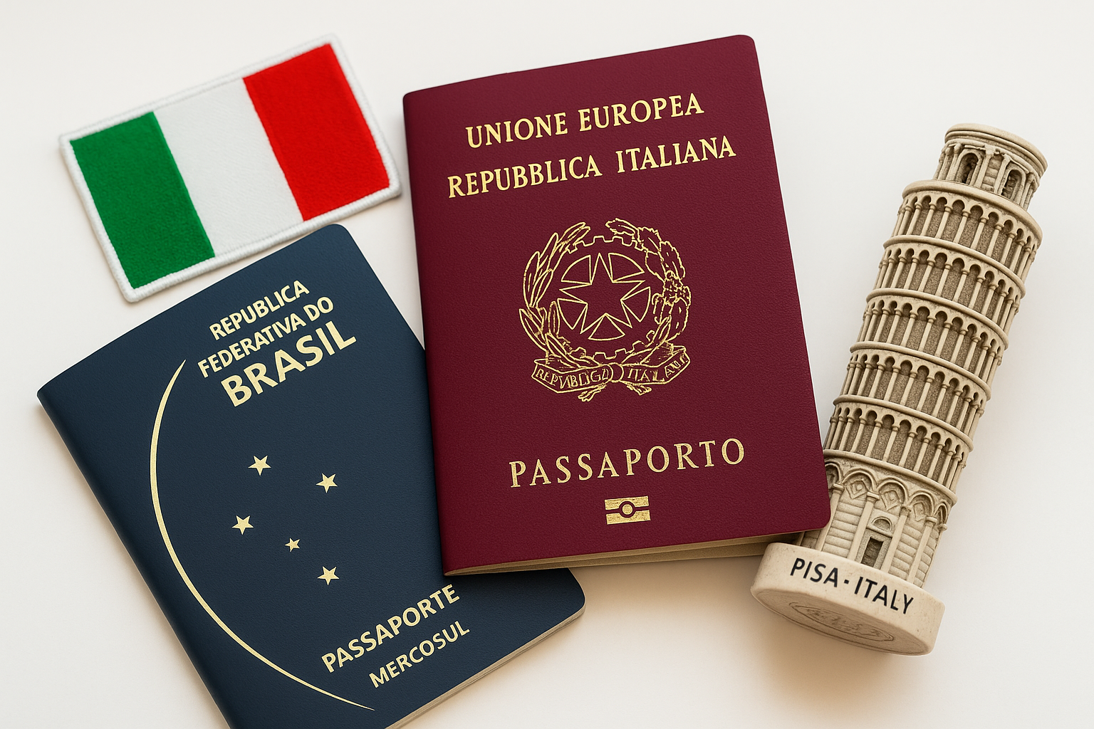 imagem de um passaporte brasileiro e um passaporte italiano mostrando que o cliente conseguiu a cidadania italiana por descendência, na imagem podemos ver a torre de pisa, monumento histórico da itália